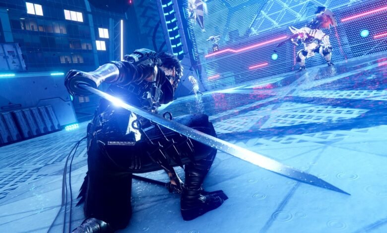 Cyberpunk warrior with glowing sword in a futuristic city battle.