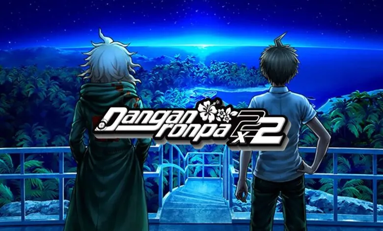 Two male characters stand on a balcony overlooking a tropical island at night, with the Danganronpa 2 logo.