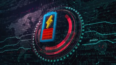 Digital battery icon with a lightning bolt, surrounded by futuristic HUD elements and binary code.