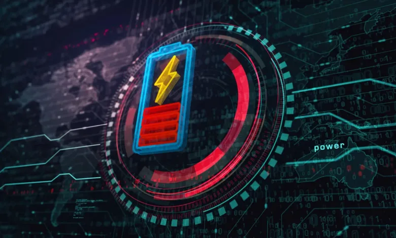 Digital battery icon with a lightning bolt, surrounded by futuristic HUD elements and binary code.