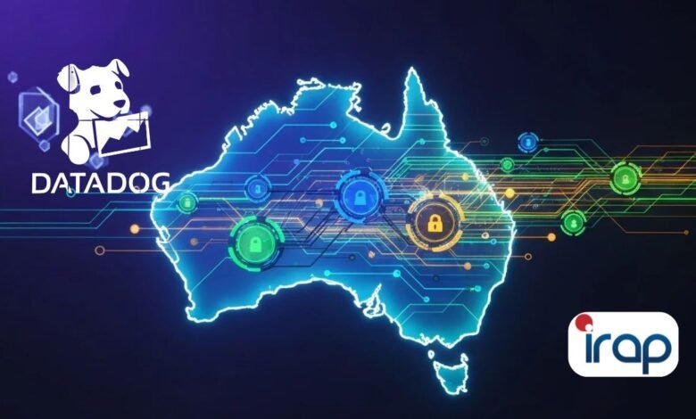 DataDog and IRAP logos with a digital map of Australia highlighting security.
