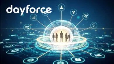 Dayforce logo with a digital globe and icons representing business solutions.