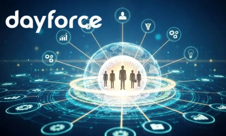 Dayforce logo with a digital globe and icons representing business solutions.
