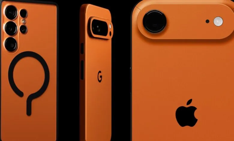 Three smartphones with orange skins, showcasing camera modules and brand logos.