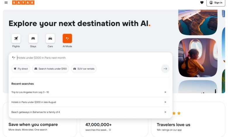 KAYAK website interface showing AI travel planning options and recent searches.