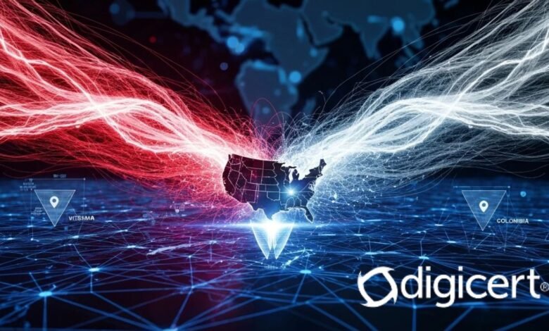 Digital map of the USA with red and white energy streams connecting to Colombia.