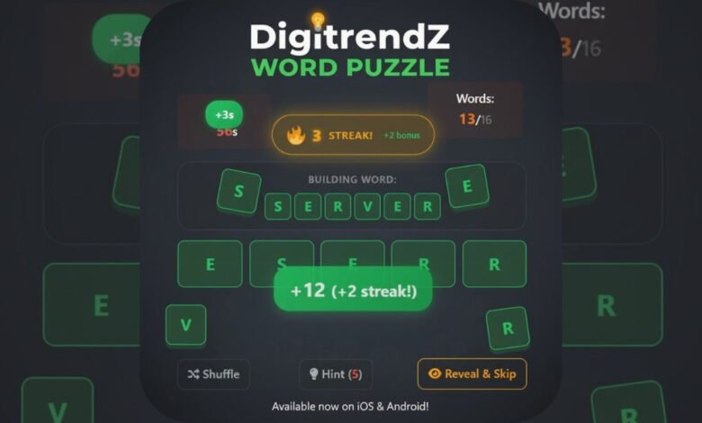 Screenshot of DigitrendZ Word Puzzle game interface showing letters and score.