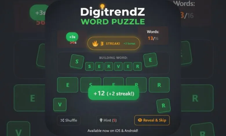 Screenshot of DigitrendZ Word Puzzle game interface showing letters and score.