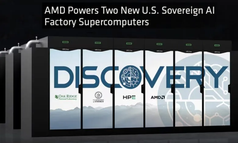 Supercomputer cabinets labeled DISCOVERY with logos for Oak Ridge National Laboratory, U.S. Department of Energy, HPE, and AMD.