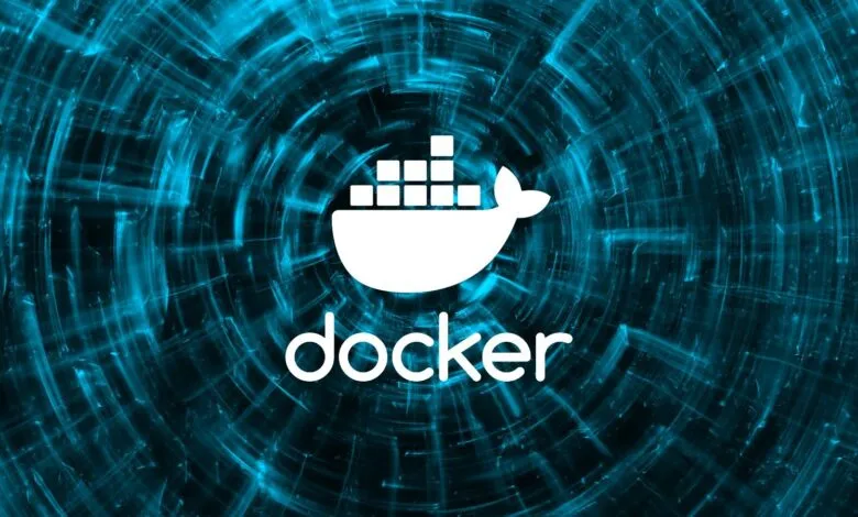 The white Docker logo, featuring a whale with shipping containers on its back, is centered against a dark blue, abstract background with glowing lines.