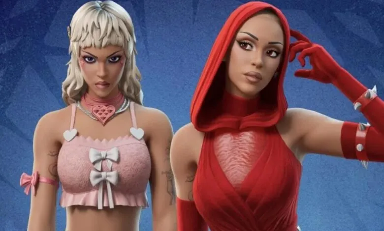 Two stylized female characters, one in pink with hearts, the other in red with a hood.