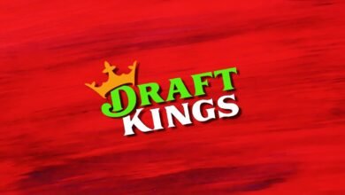 DraftKings logo with a golden crown and green and white text on a red background.