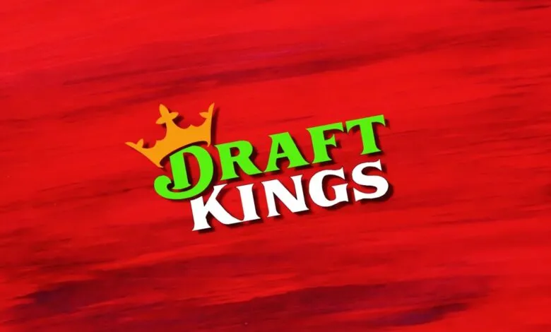 DraftKings logo with a golden crown and green and white text on a red background.