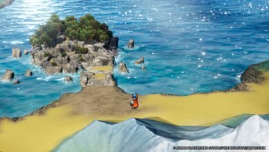 A lone adventurer stands on a sandy shore overlooking a vibrant blue ocean with a lush, rocky island.