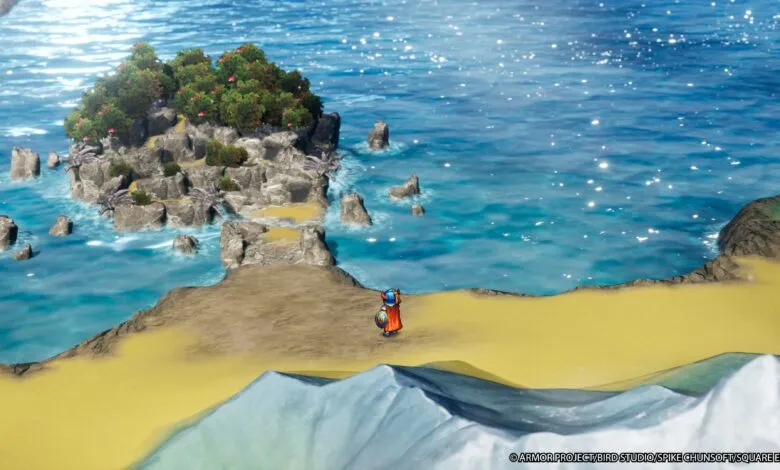 A lone adventurer stands on a sandy shore overlooking a vibrant blue ocean with a lush, rocky island.