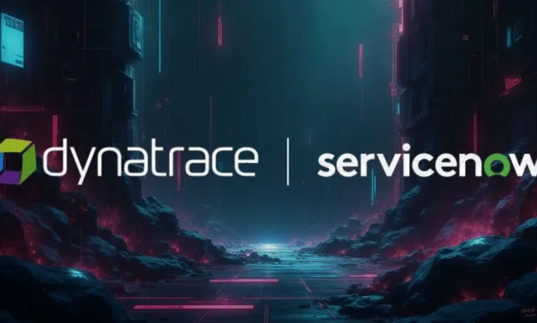 Dynatrace and ServiceNow logos displayed in a futuristic, neon-lit digital landscape.