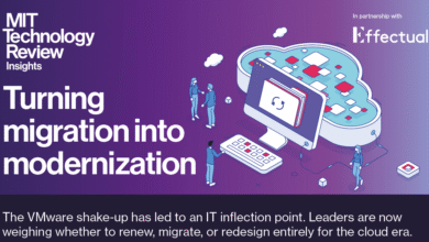 Illustration of people interacting with a computer and cloud infrastructure, representing IT modernization.