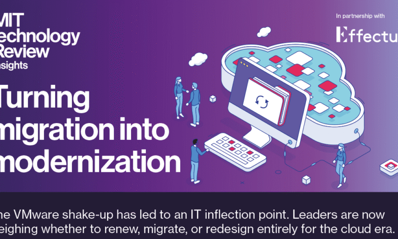 Illustration of people interacting with a computer and cloud infrastructure, representing IT modernization.