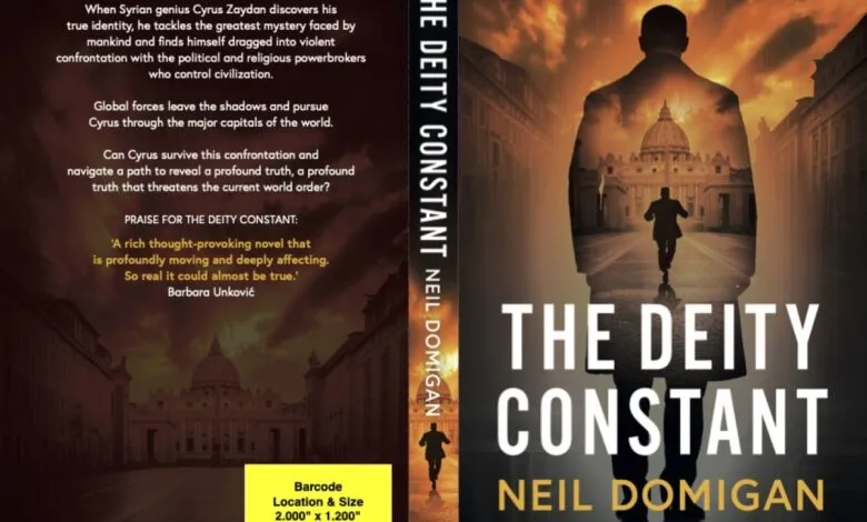 Book cover for 'The Deity Constant' by Neil Domigan, featuring a silhouette of a man with a cityscape and St. Peter's Basilica superimposed.