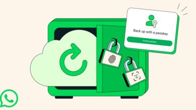 WhatsApp safe with cloud backup and passkey security icons.