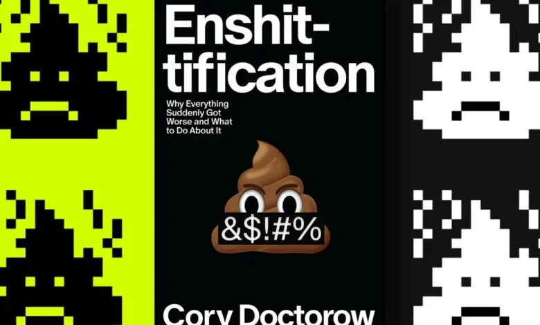 Book cover for 'Enshittification' by Cory Doctorow, featuring pixelated poop emojis and censored text.