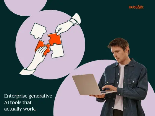 Illustration of hands assembling puzzle pieces and a man using a laptop.