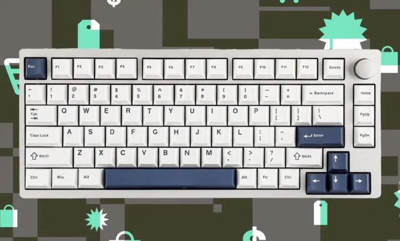 A white mechanical keyboard with blue accents on a dark background with shopping icons.