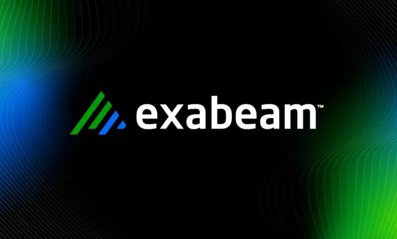 Exabeam logo with abstract blue and green background