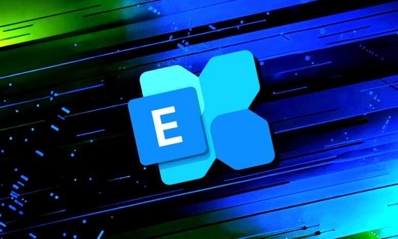 Microsoft Exchange Server logo with a blue 'E' on a dark background with abstract blue and green lines.