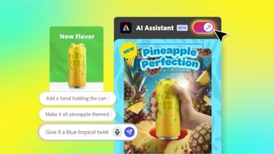 AI Assistant interface showing a beverage ad being designed with pineapple theme.