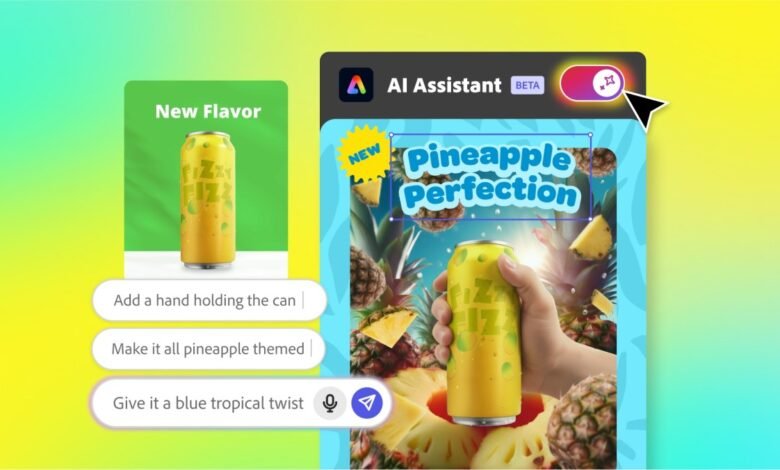 AI Assistant interface showing a beverage ad being designed with pineapple theme.