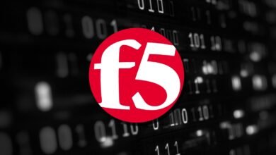 F5 Networks logo in white on a red circle against a blurred background of binary code.