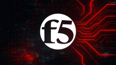 F5 Networks logo on a dark background with binary code and red circuit board lines.