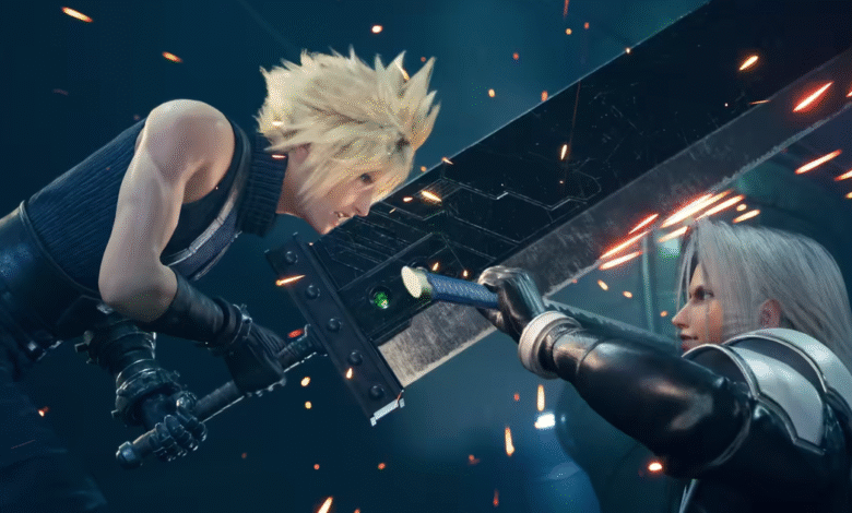 Cloud Strife and Sephiroth clash swords in a dramatic battle scene.
