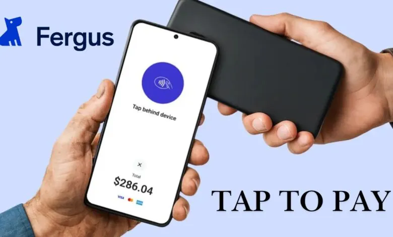 Hands holding smartphones for contactless payment with Fergus app.
