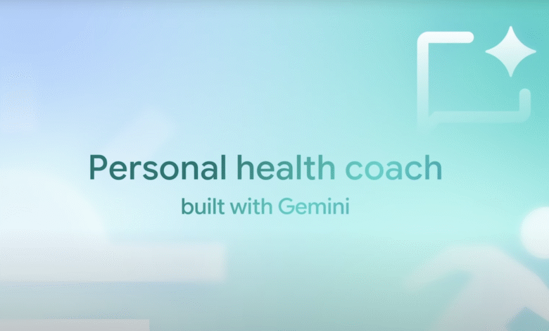 Text overlay reads 'Personal health coach built with Gemini' on a gradient background.