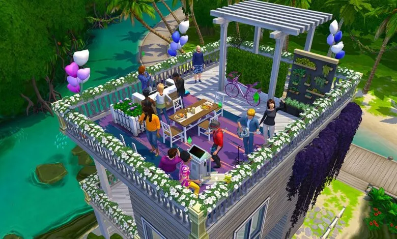 A group of Sims enjoy a rooftop party with food, music, and balloons in a tropical setting.