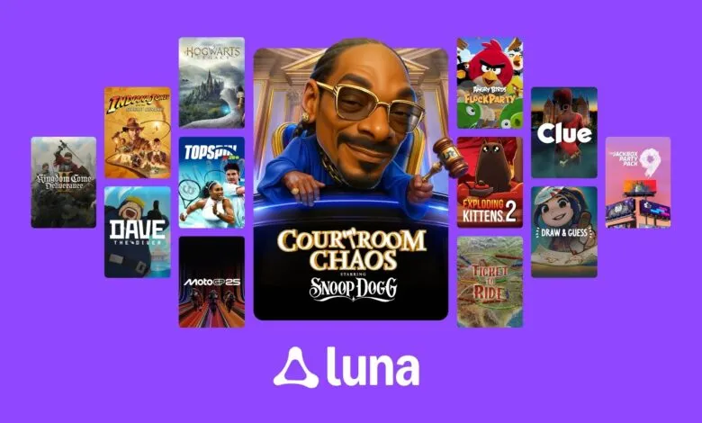 Snoop Dogg cartoon in a courtroom, surrounded by game covers, with Luna logo below.