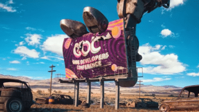 A tattered billboard for the Game Developers Conference stands in a desolate landscape with abandoned cars.