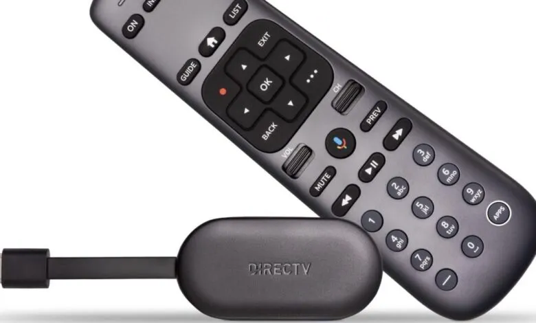 DIRECTV streaming device and remote control on a white background.
