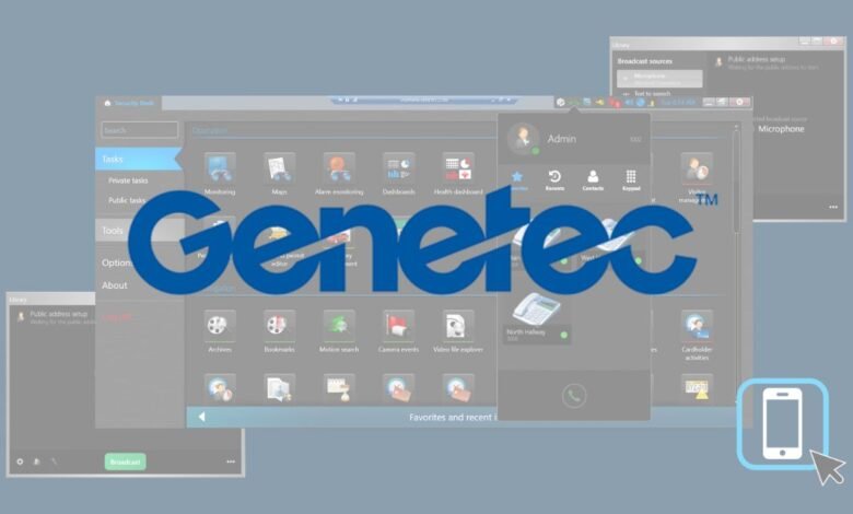 Genetec logo overlaid on a security system interface with various icons.