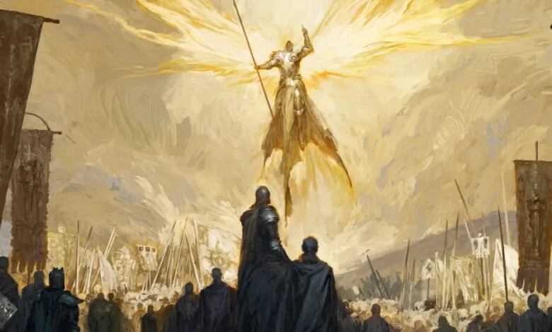 A radiant angelic figure descends upon a gathered army holding banners.