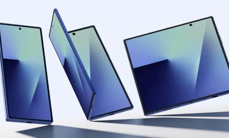 Three blue foldable smartphones displayed at different angles against a light background.