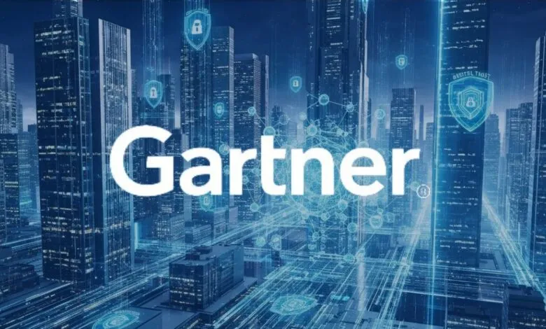Gartner logo superimposed on a futuristic cityscape with digital network overlays.