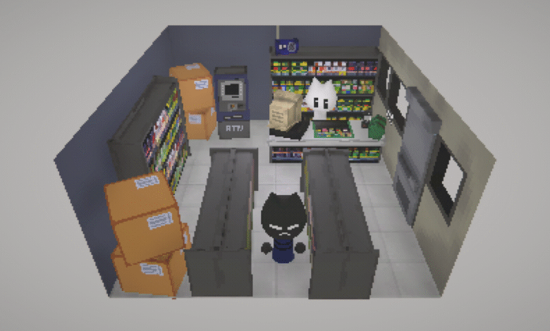 Pixel art convenience store interior with two cartoon characters.