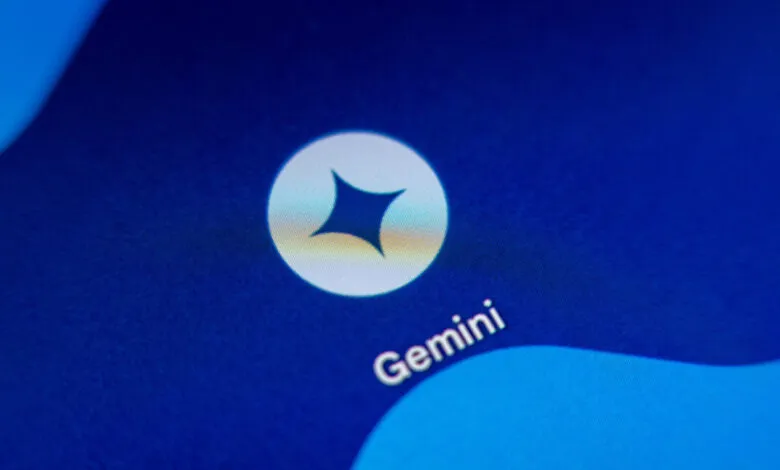 Close-up of the Gemini AI logo on a blue digital background.