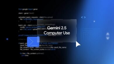 Abstract background with lines of code and text 'Gemini 2.5 Computer Use'.