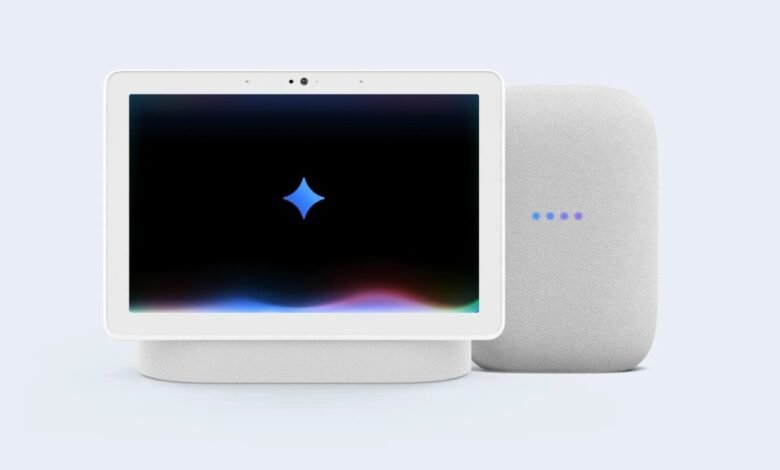 Google Nest Hub smart display and Nest Audio speaker on a light blue background.