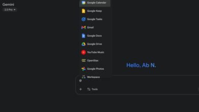 Gemini AI interface showing a dropdown menu of Google apps and services.