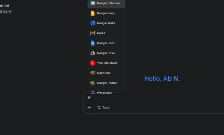 Gemini AI interface showing a dropdown menu of Google apps and services.